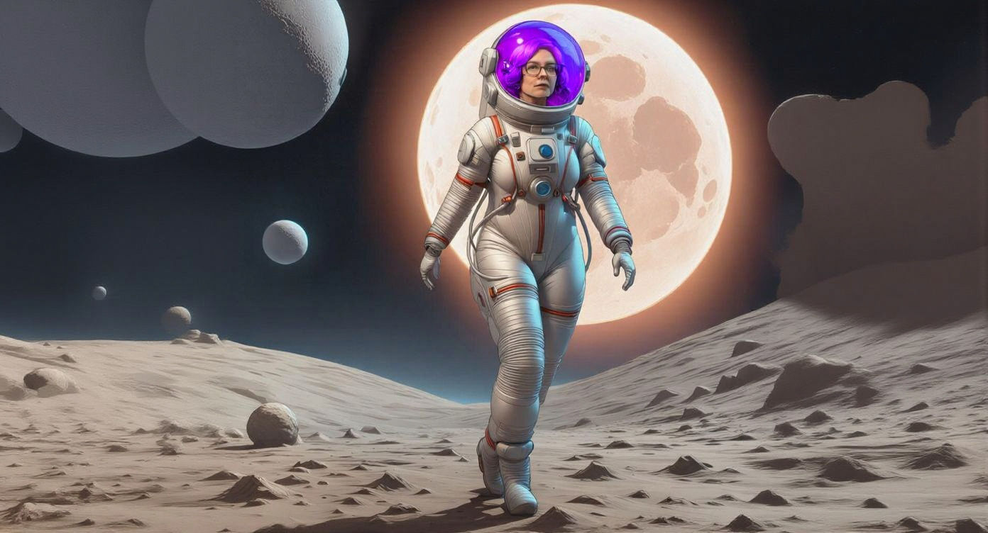 Blonde Woman on the Moon in Spacesuit