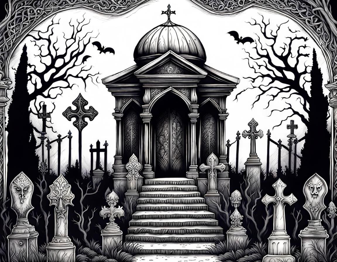 Creepy Graveyard Mausoleum Line Art Etching