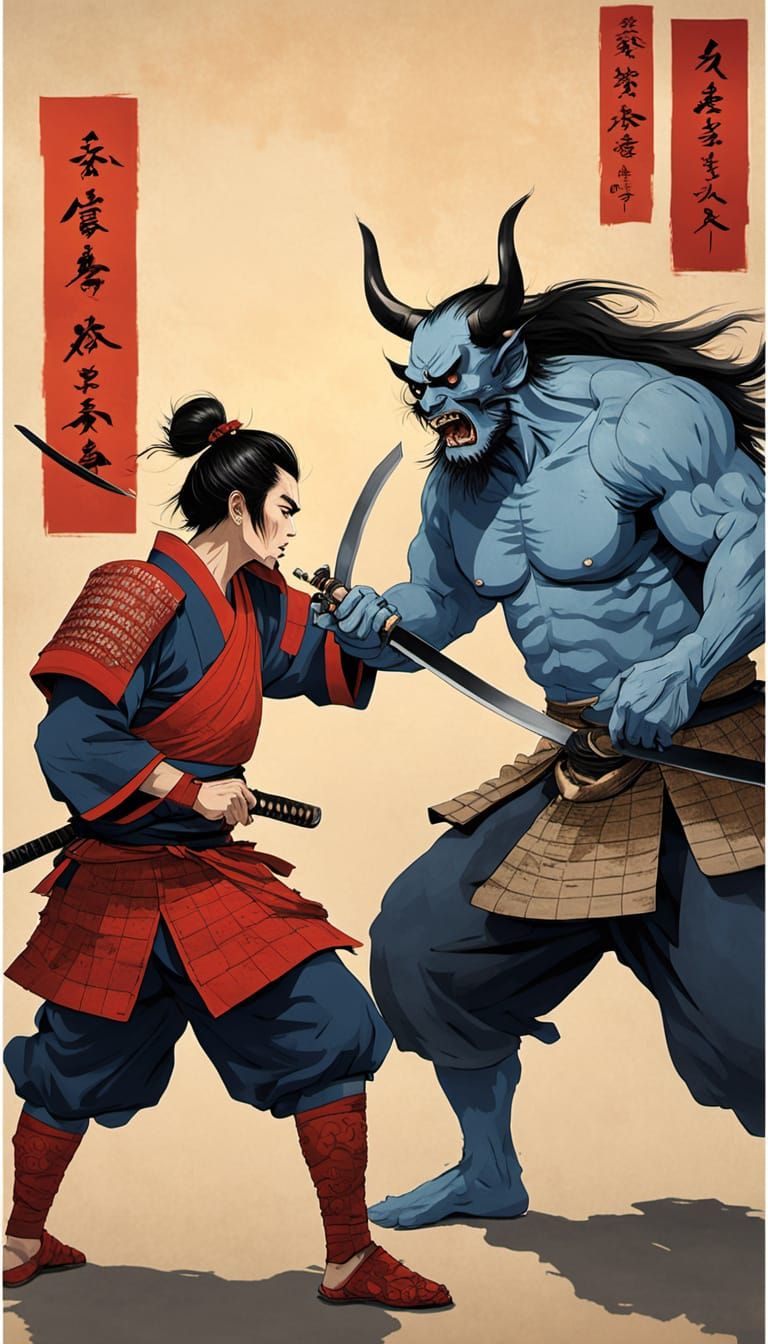 Samurai Confronts Fiery Oni in Traditional Ukiyo-e Kakemono