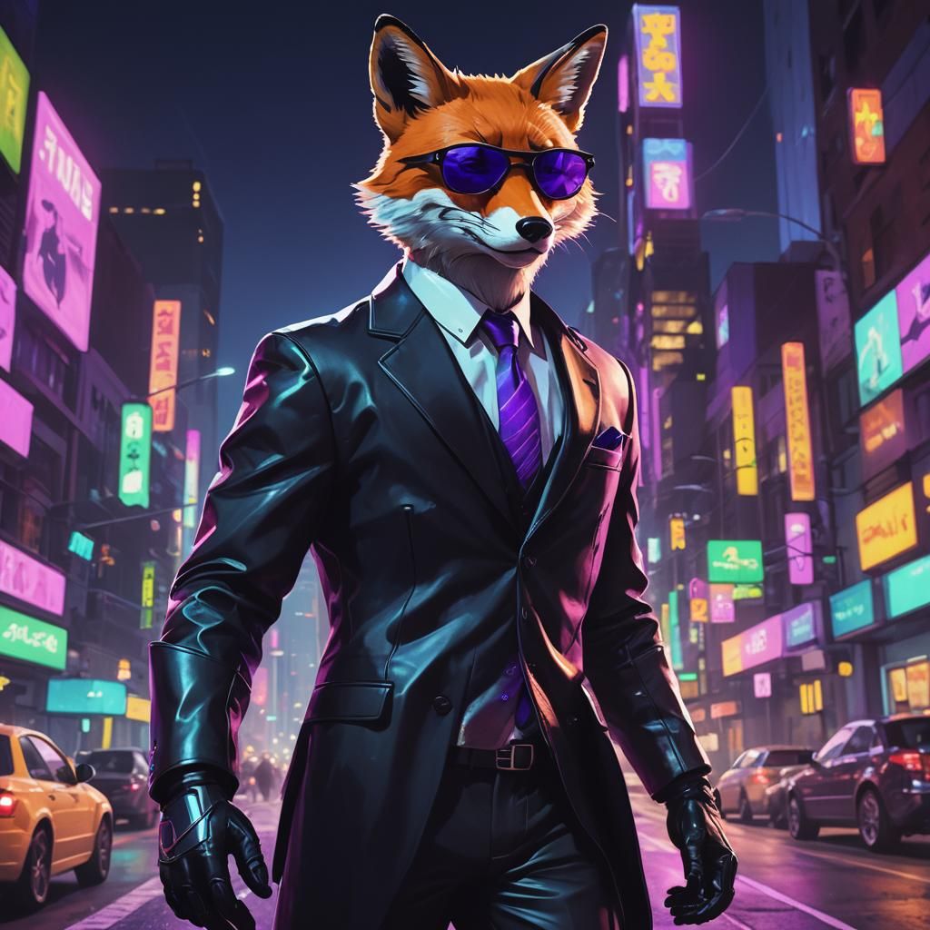 Fox in Suit on Neon Street, as Digital Art