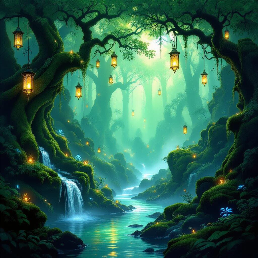 Enchanted Forest Realm with Floating Lanterns and Glowing Ru...