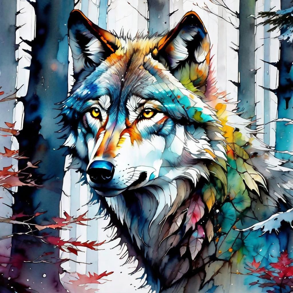 Expressive Wolf Portrait in Whimsical Digital Art