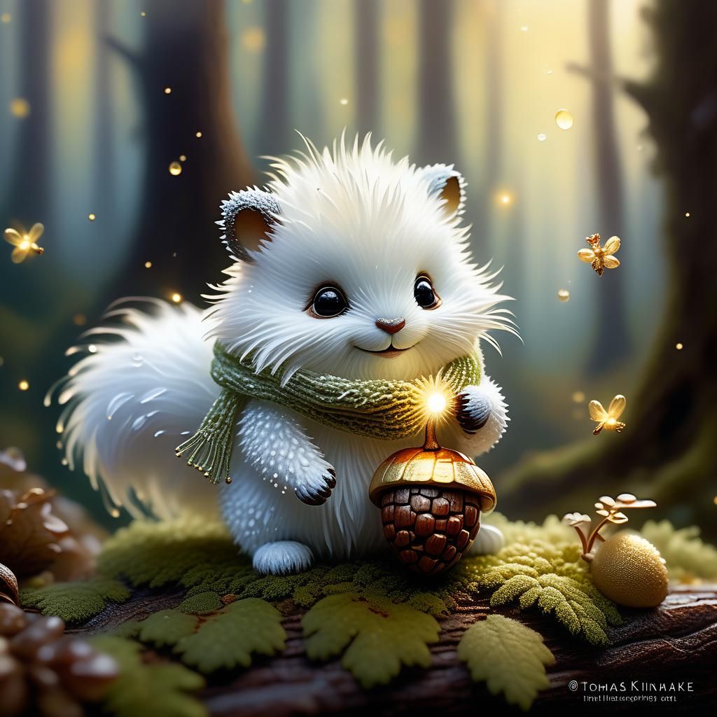 Whimsical Creature Rides Acorn in Kinkade Style