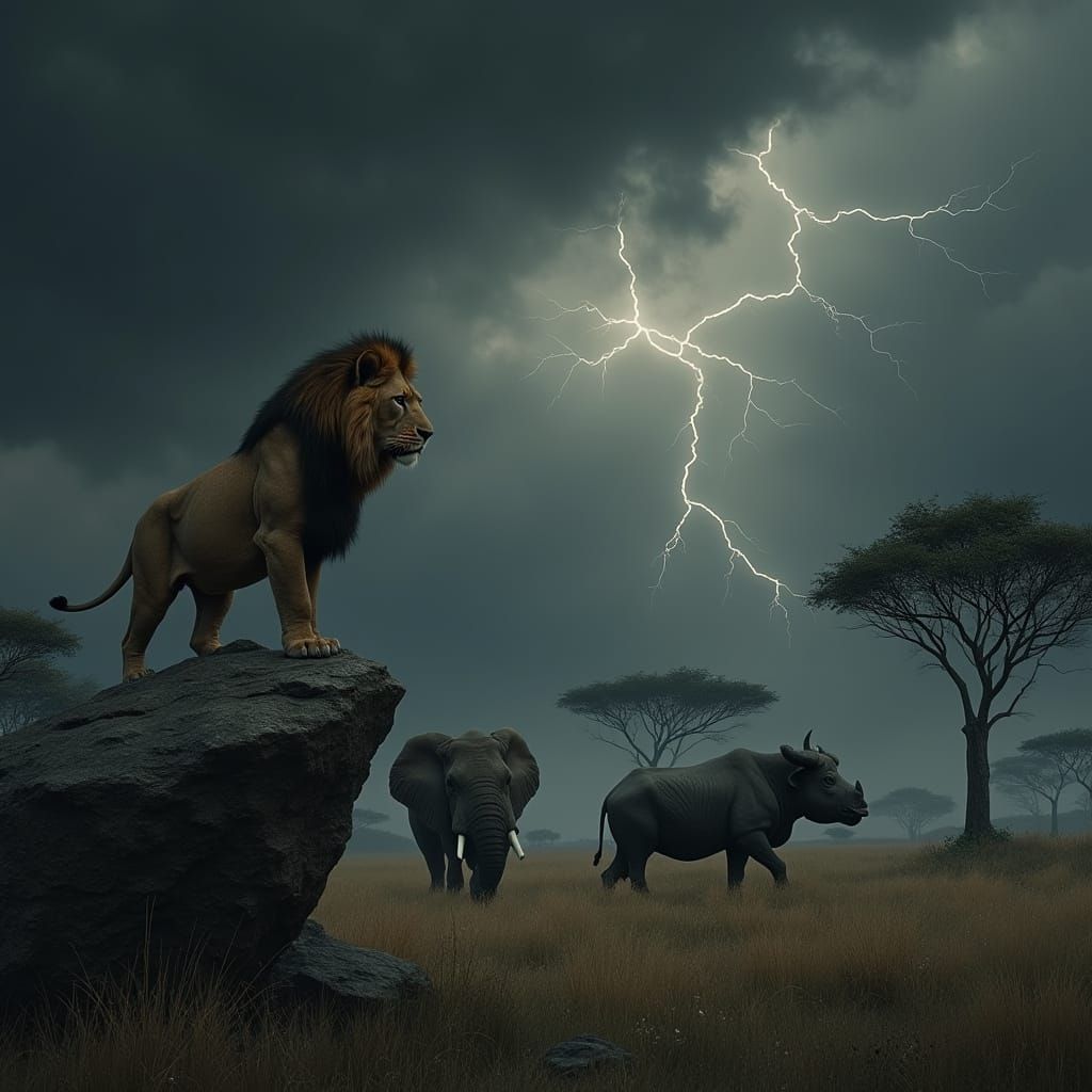 African Savanna Animals in a Stormy Night