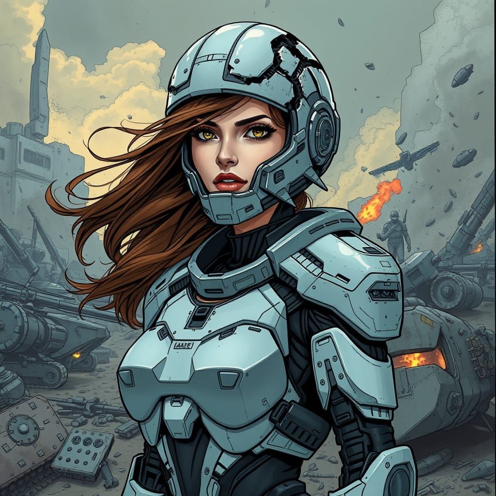 Princess Sara in Damaged Robotic Exosuit on Battlefield