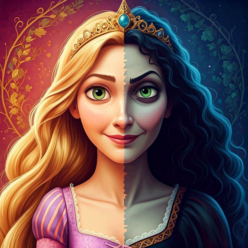 Regal Rapunzel Confronts Dark Mother Gothel in Surrealist Ma...