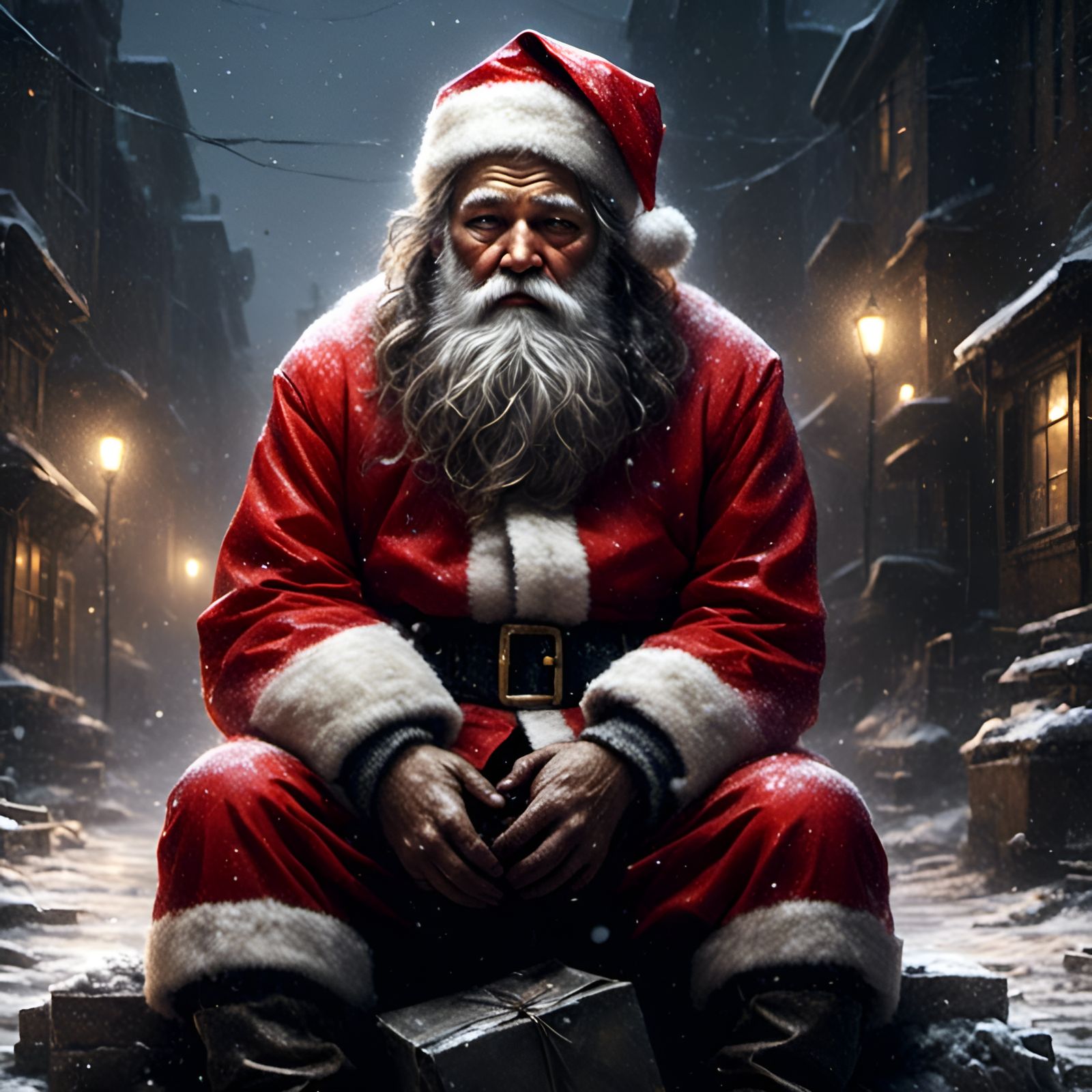 Sad Homeless Santa in Snowy Alley, Animation Style