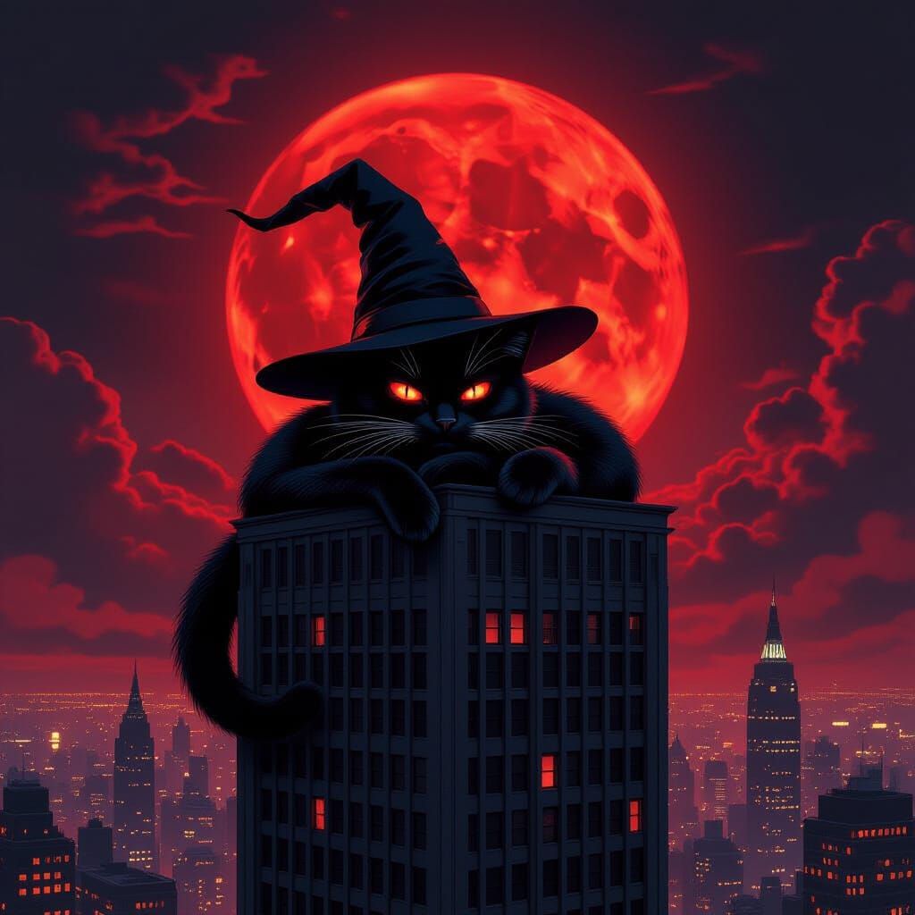 Giant Black Cat Sleeps on Skyscraper Under Blood Moon