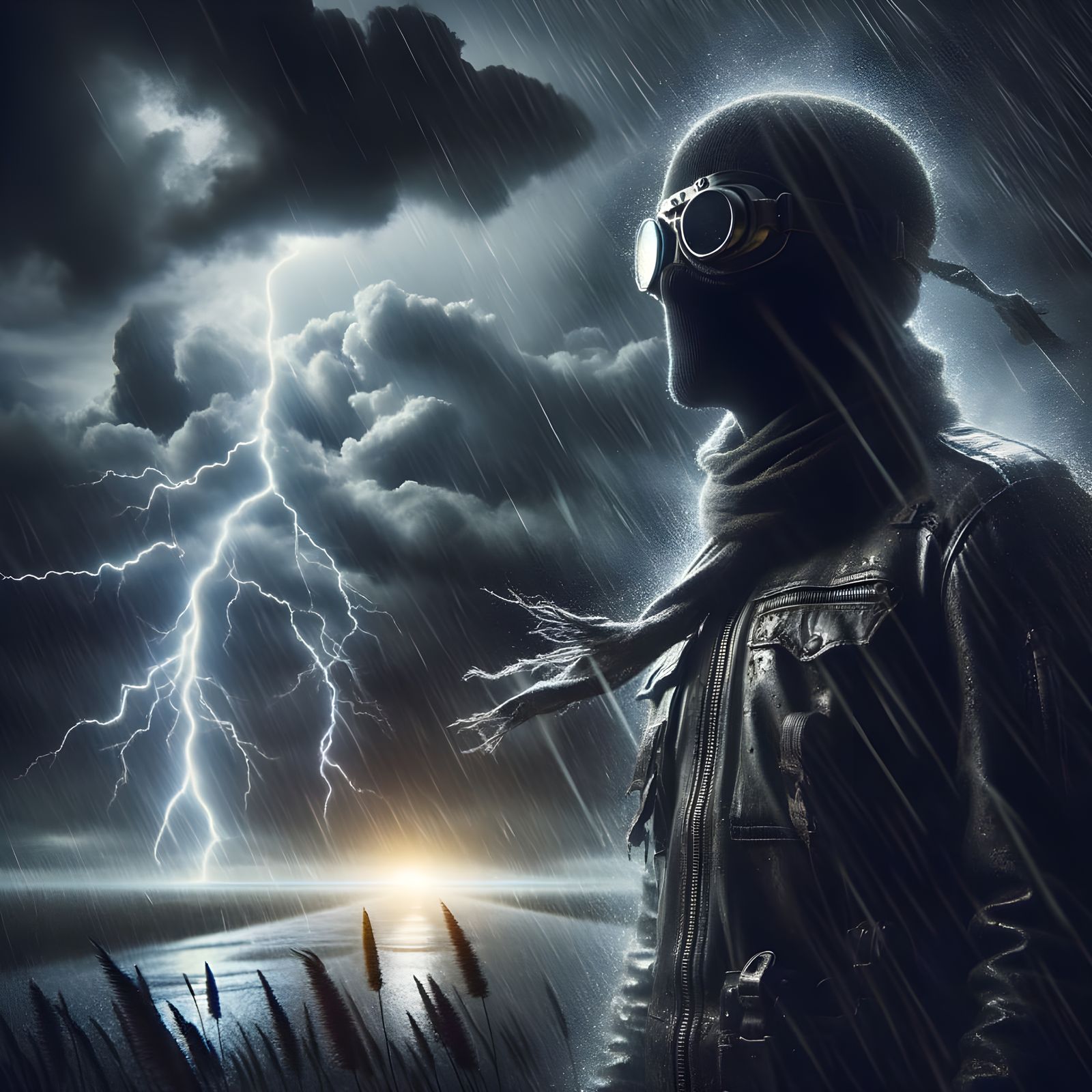 Figure in Goggles Amidst Stormy, Cinematic Landscape