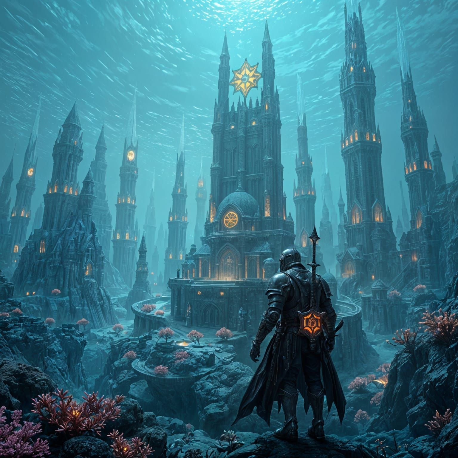 Underwater City Protected by Bioluminescent Knights