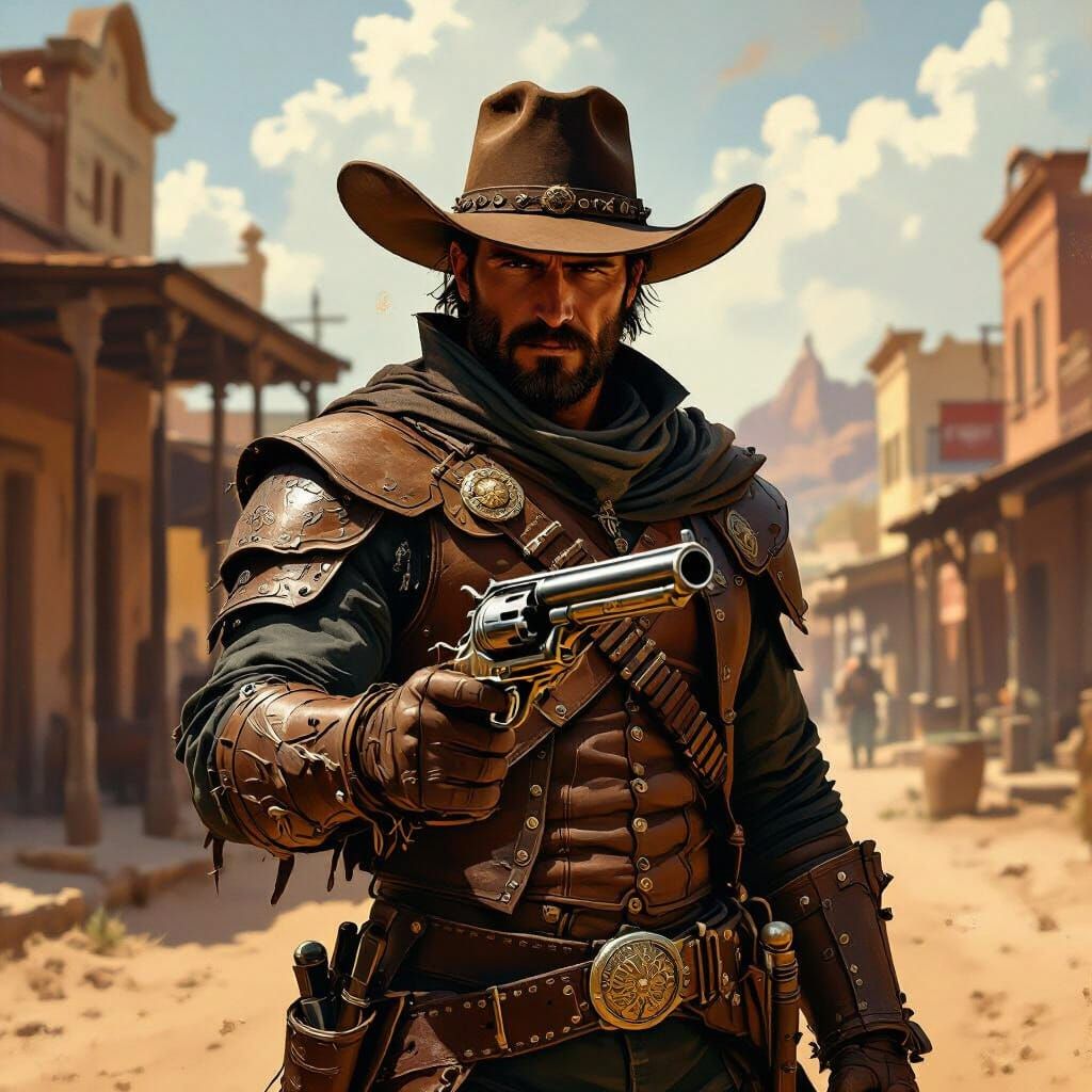 Medieval Gunslinger in Old West Town Oil Painting