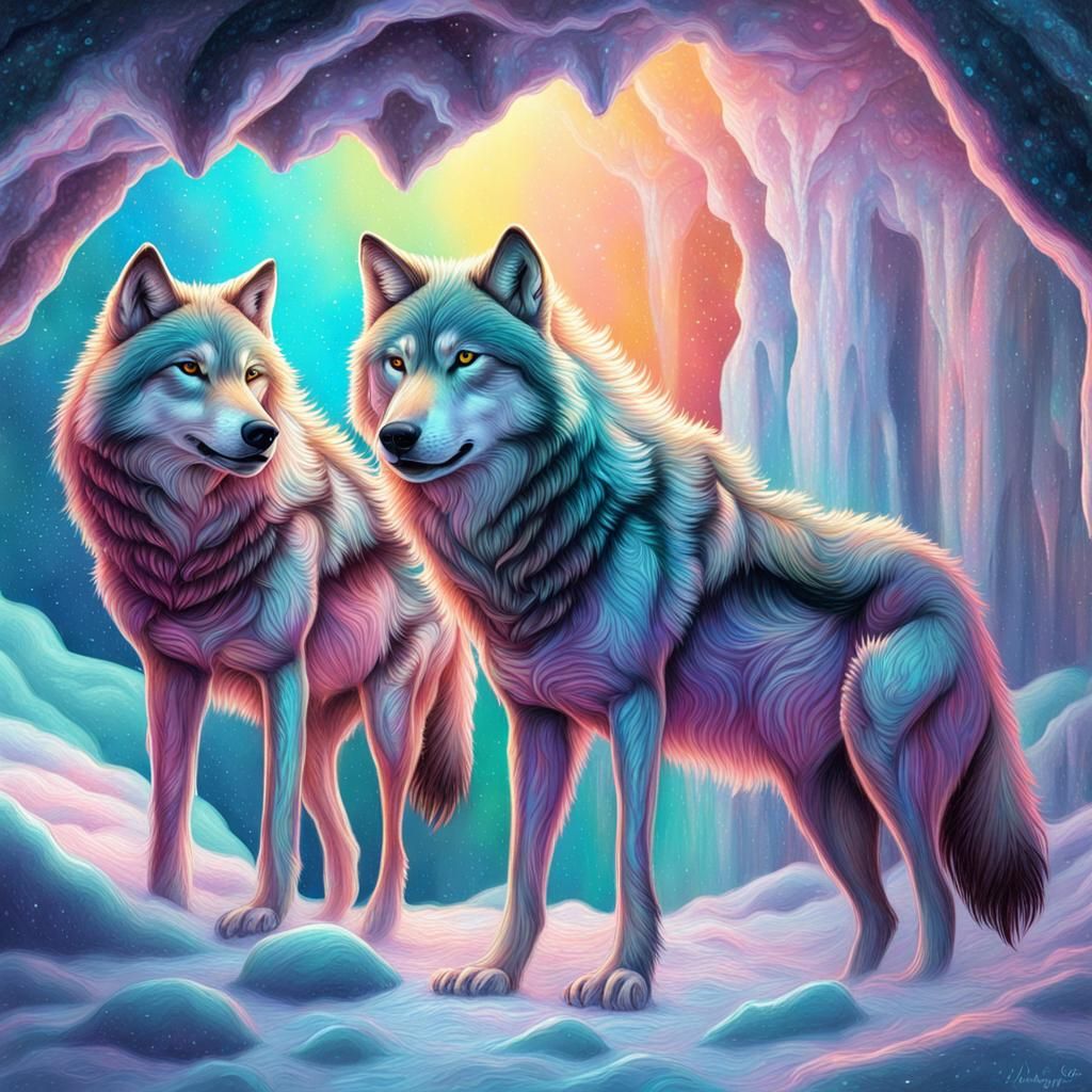 Wolves in Snowy Cave: Pastel Cosmic Illustration