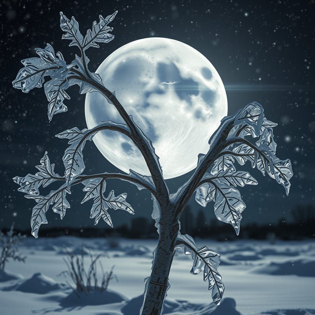 Frozen Birch Tree in Moonlit Winter Wonderland