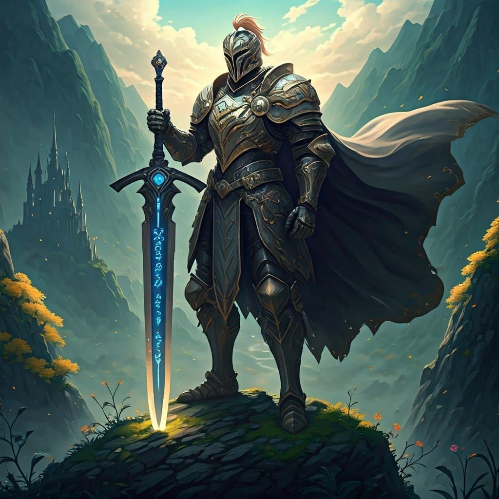 Majestic Medieval Knight with Sword on Mountain Peak