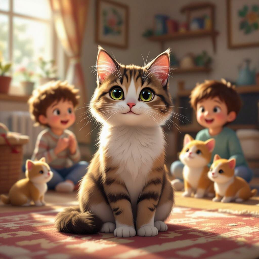 Kind Cat in Cozy Home with Children and Animals