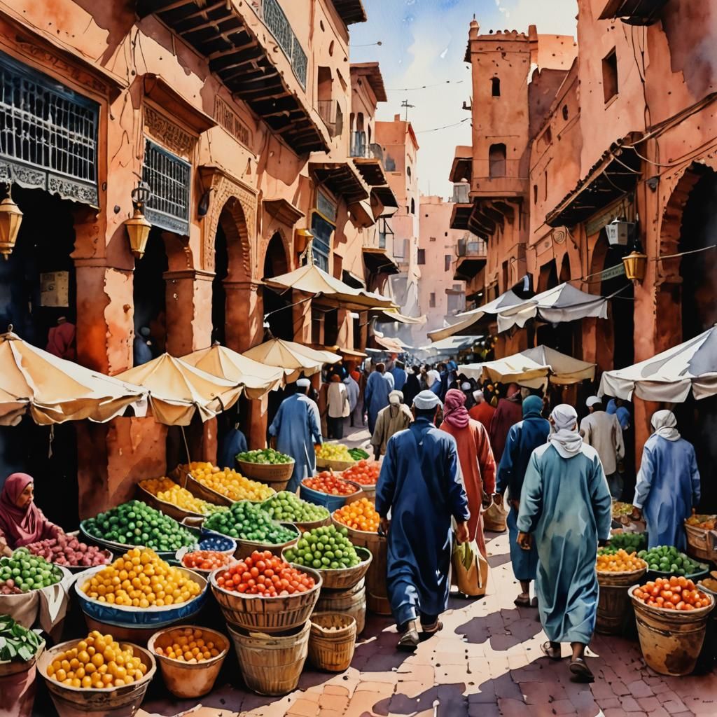 Market in Marrakesh. Watercolor.