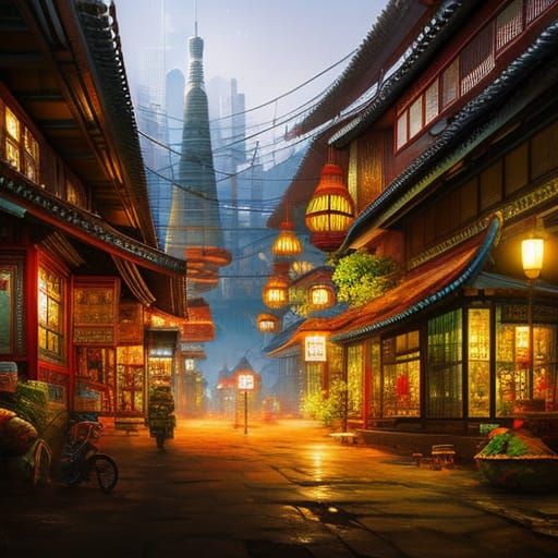 Asian City in Glass Bottle as Detailed Oil Painting