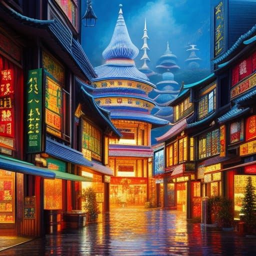 Asian City in Glass Bottle: Detailed Oil Painting