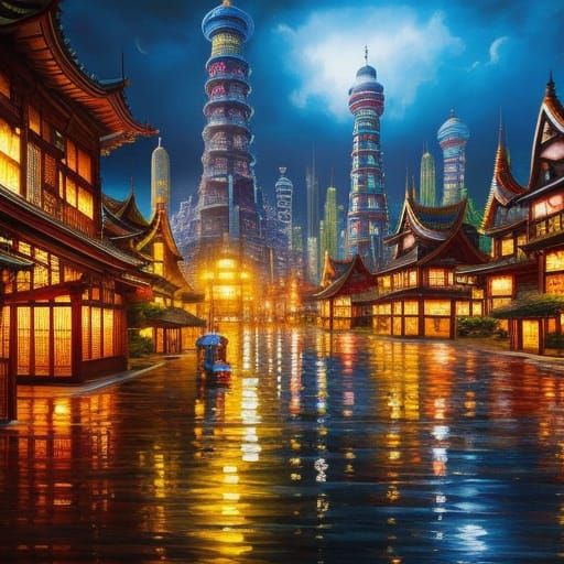 Asian City in Glass Bottle, Detailed Oil Painting