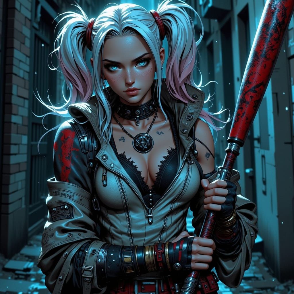 Harley Quinn Victorious in Rain-Slicked Alleyway