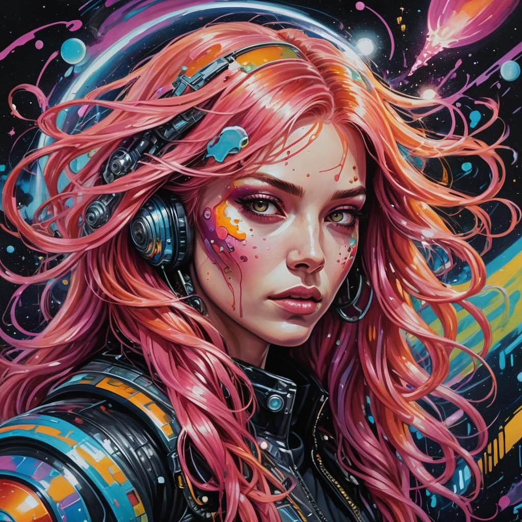 Futuristic Woman on Spaceship Motorcycle in Graffiti Art