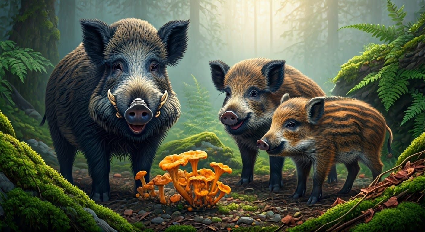 Wild Boars Discover Chanterelle Mushrooms in a Lush Forest