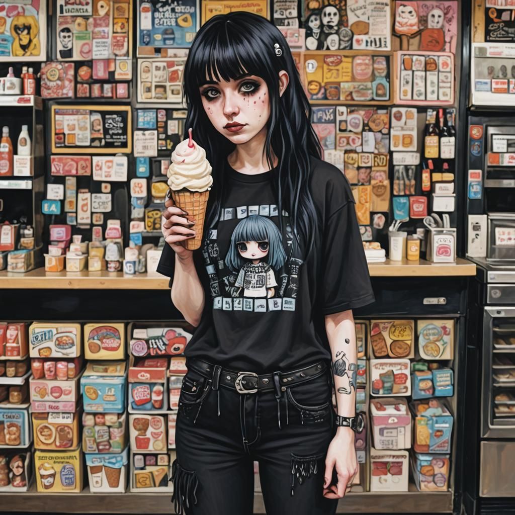 Gothic Emo Girl Portrait in an Ice Cream Store