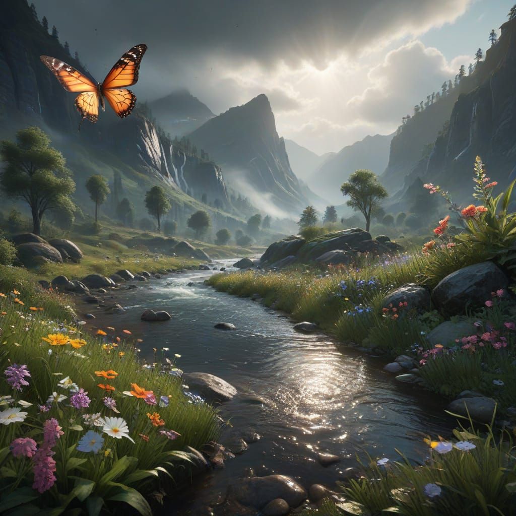 Mystical Mountain Landscape with Vibrant Wildflowers and Ser...