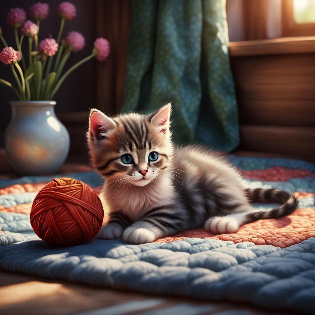 Cute Kitten Plays with Yarn in Detailed Painting