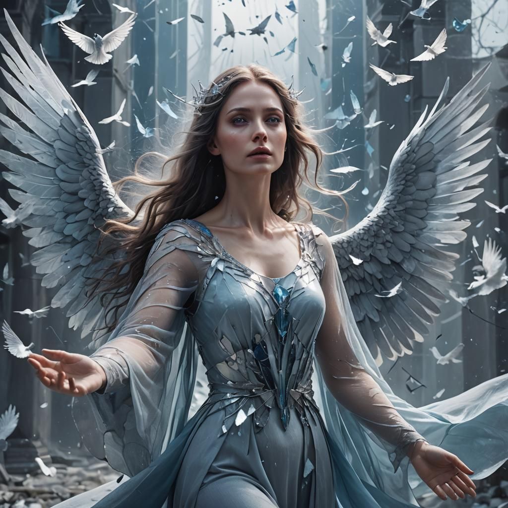 Angelic Woman with Wings and Shattered Mirror