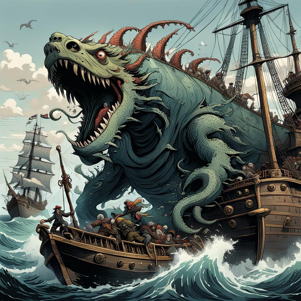 Pirates Fight Sea Monster in Manga Style