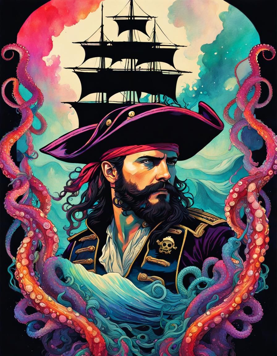 Glitchcore Pirate Portrait: Kraken Capture in Ink