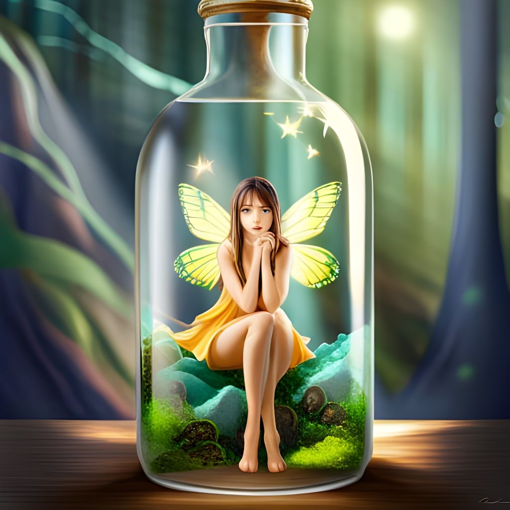 Fairy in a Bottle with Fantasy Forest Background