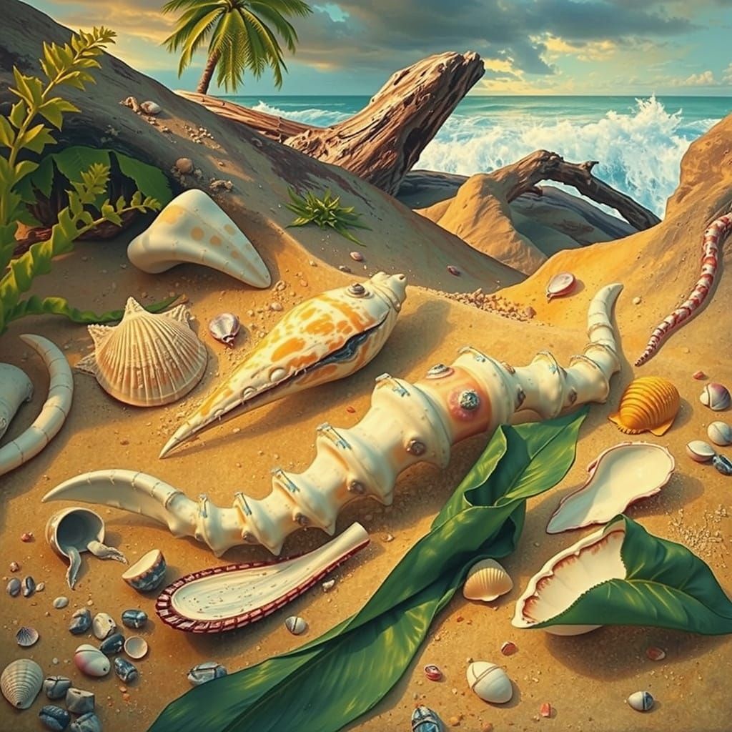 Hyperrealistic Beach Scene with Palm Trees and Seashells