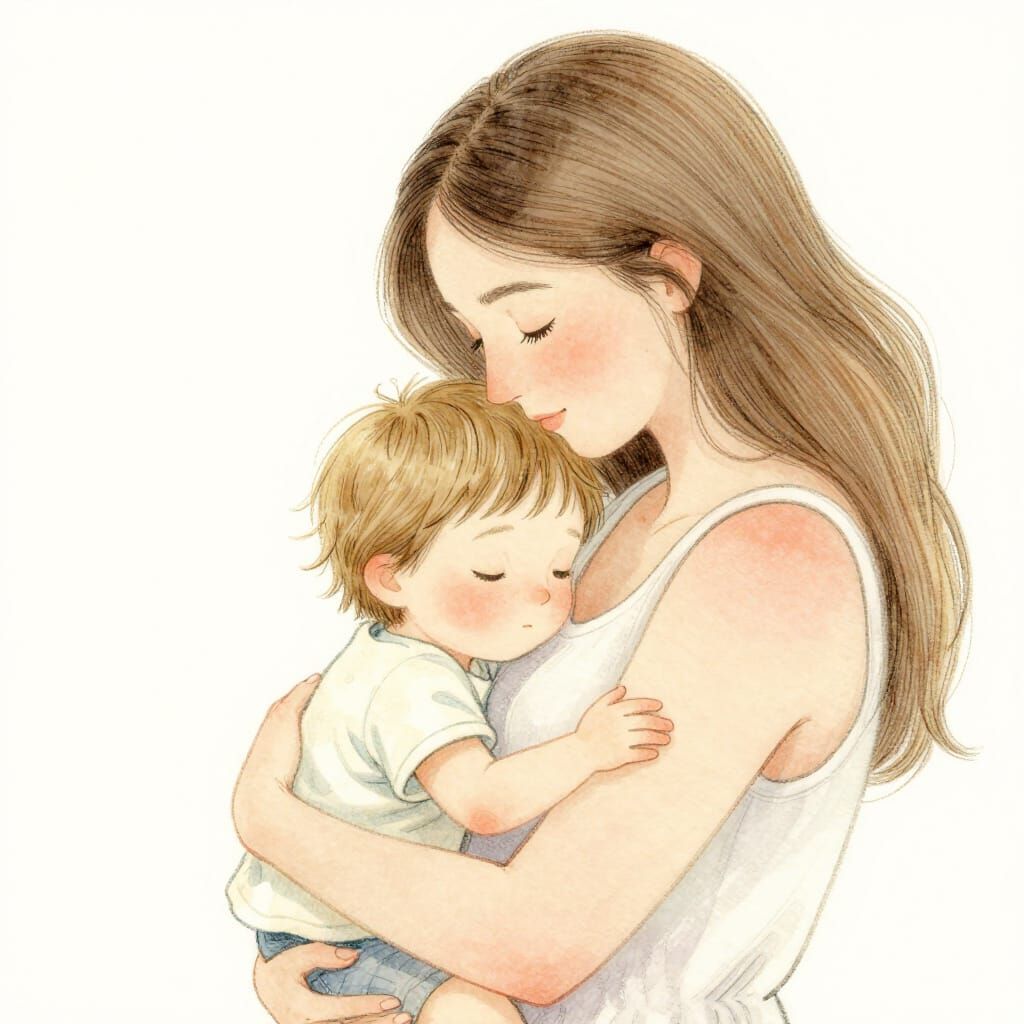 Loving Mother Embraces Child in Delicate Linework Style