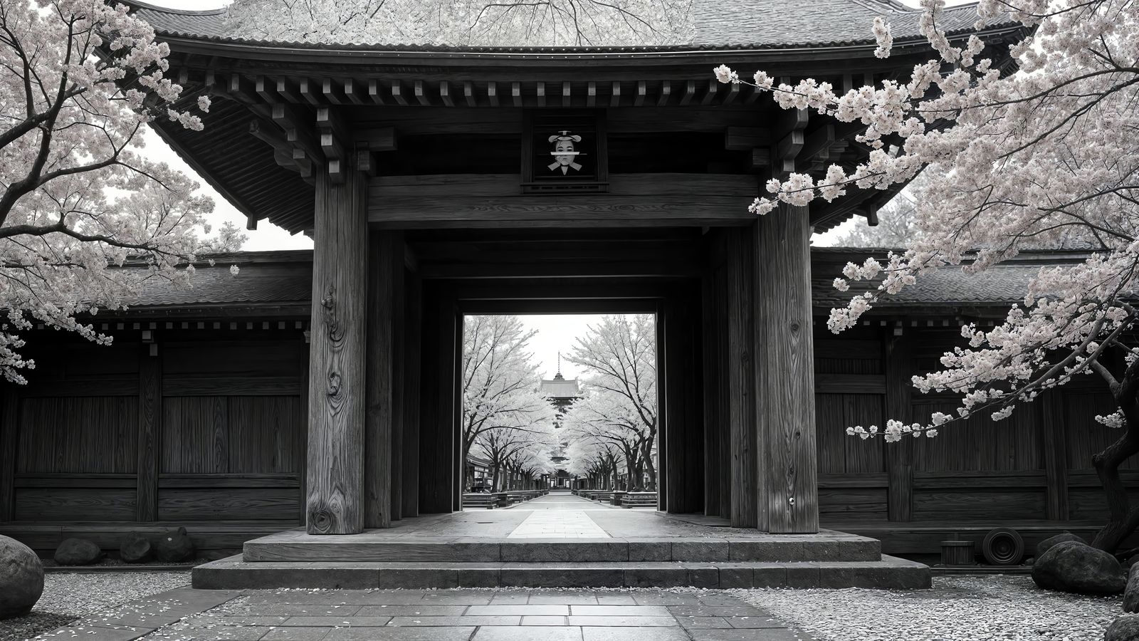 Monochrome Japanese Temple with Sakura in Bloom