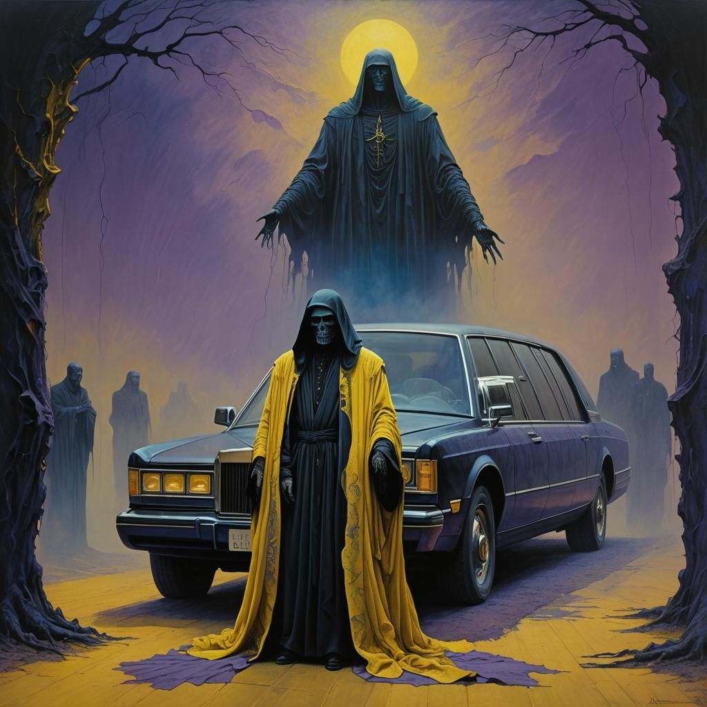 Thanatos Beside Yellow Limousine in Fantastical Realism
