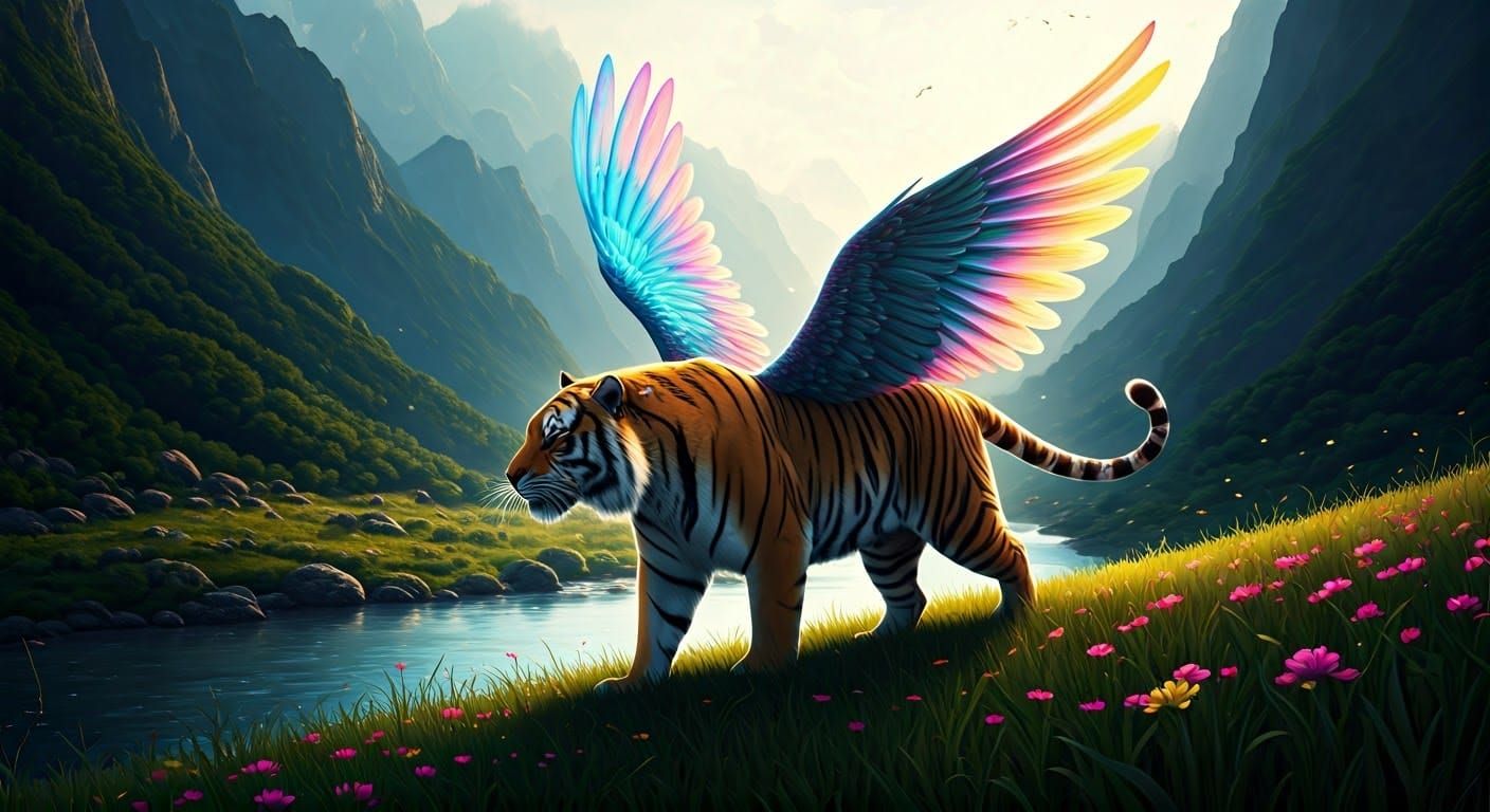 Surreal Tiger in Majestic Mountain Landscape with Vibrant Fl...