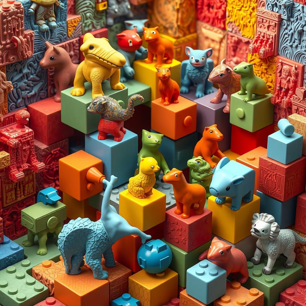 Vibrant 3D Puzzle of Interlocking Cube Animals