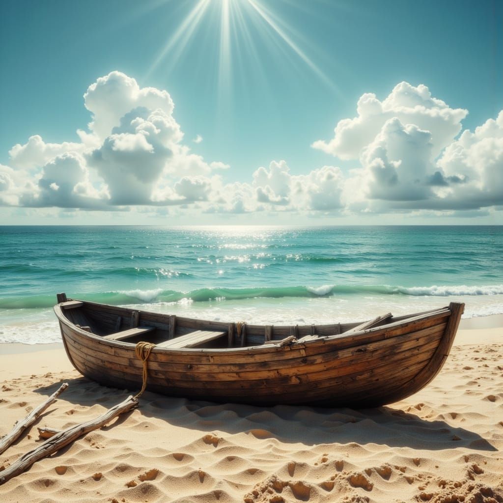 Weathered Rowboat on Sandy Shore Facing Calm Sea