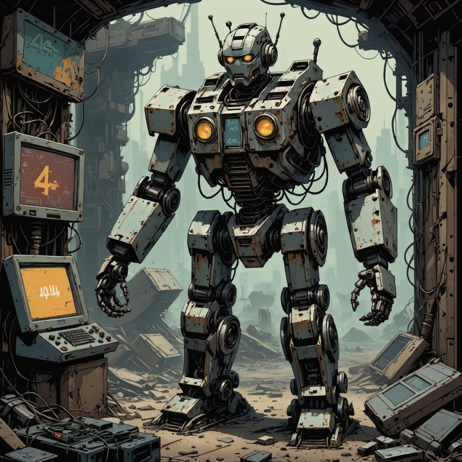 Decrepit robot with screen that shows “404”