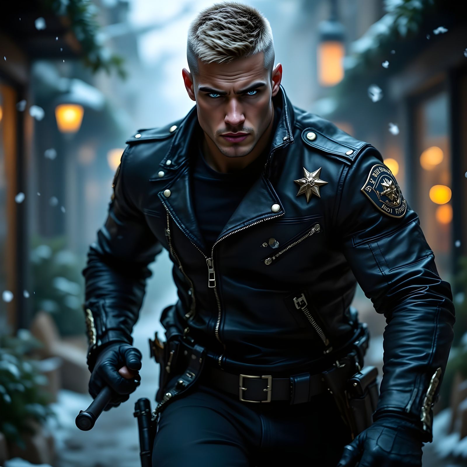 Rugged Police Officer in High-Contrast Lighting