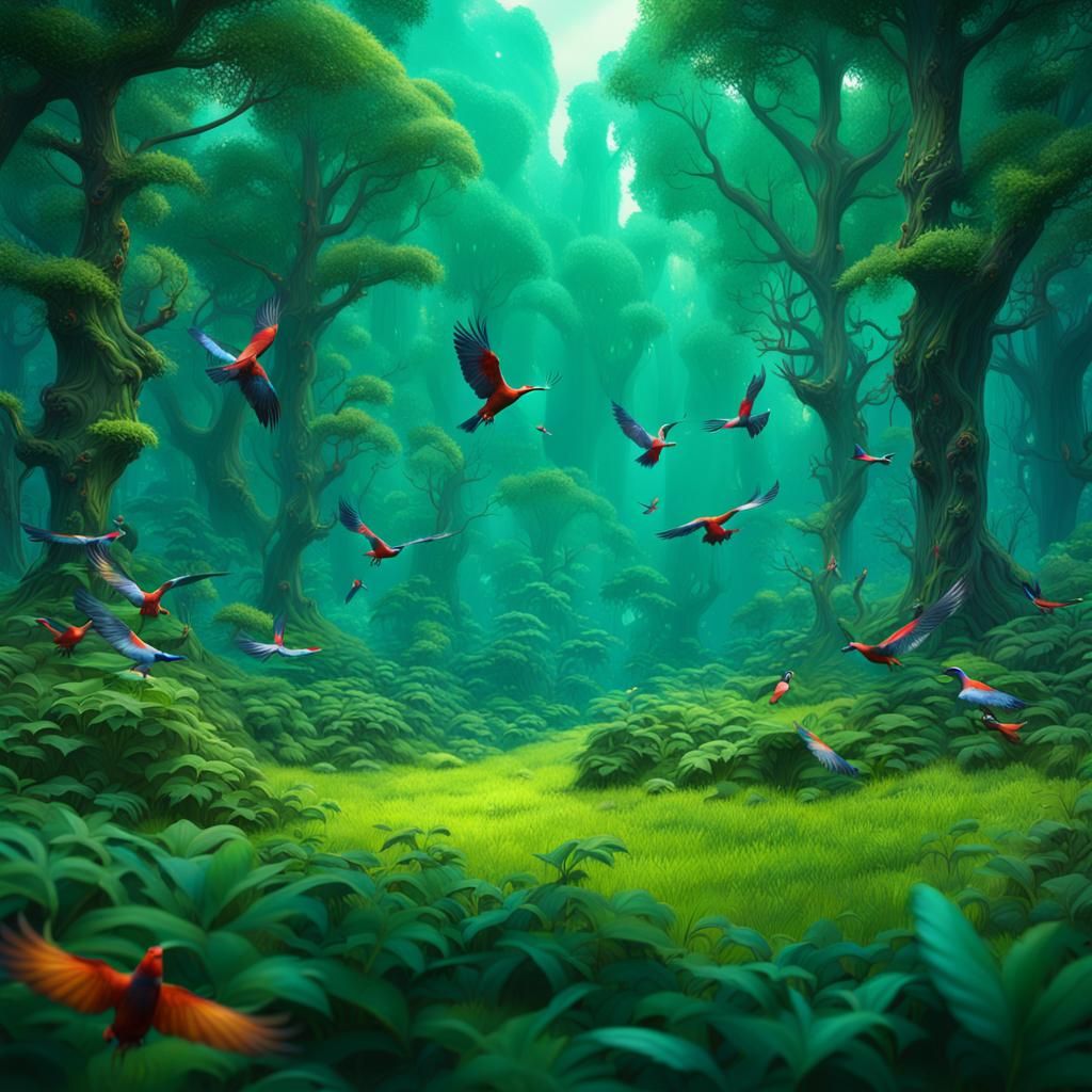 Colorful Birds in Green Forest Art