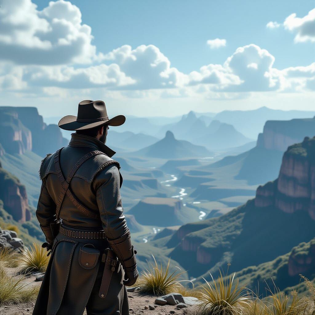 Cangaceiro on Windswept Peak: Photorealistic Matte Painting