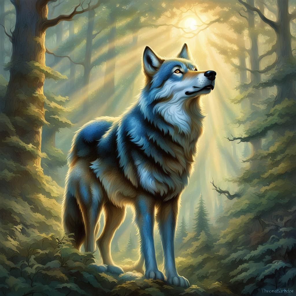 Anthropomorphic Wolf in Forest, Ethereal Fantasy Art