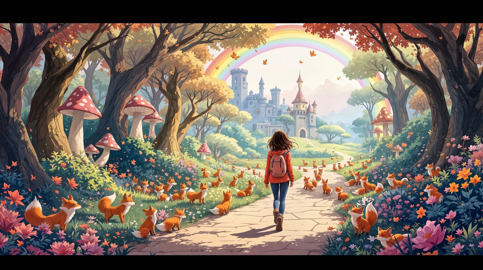 Whimsical Fantasy Forest with Wandering Foxes in Pastel Hues