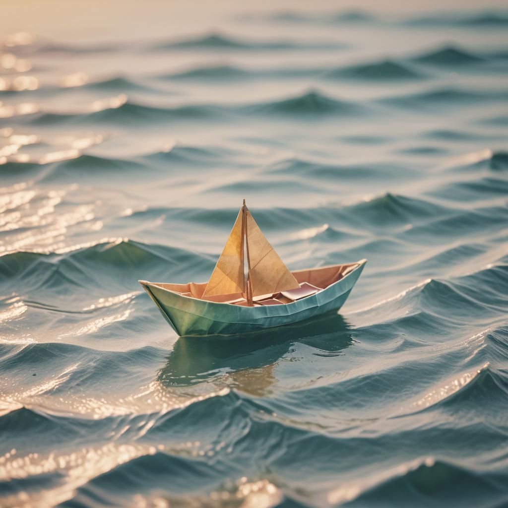 Origami Boat at Sunset, Watercolor Papercraft