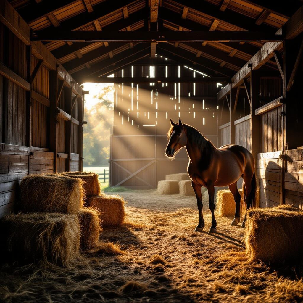 Golden Hour Barn Scene with Black Horse