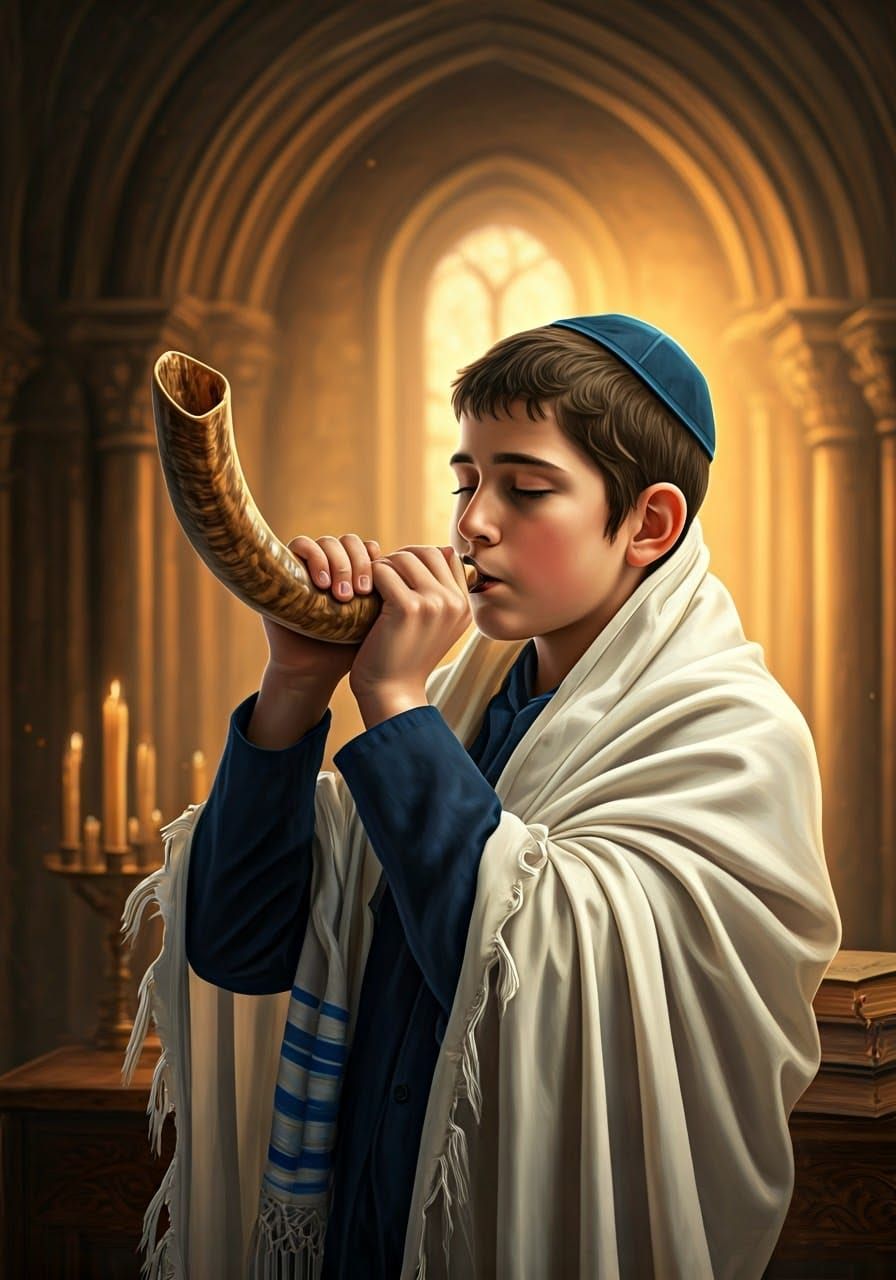 Young Boy Blowing Shofar in Ethereal Light