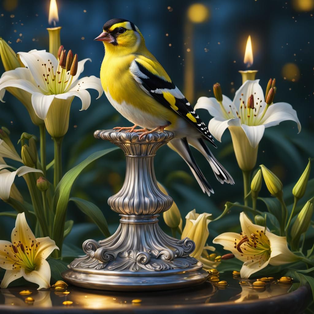 Hyperrealistic Goldfinch in Lush Night Garden